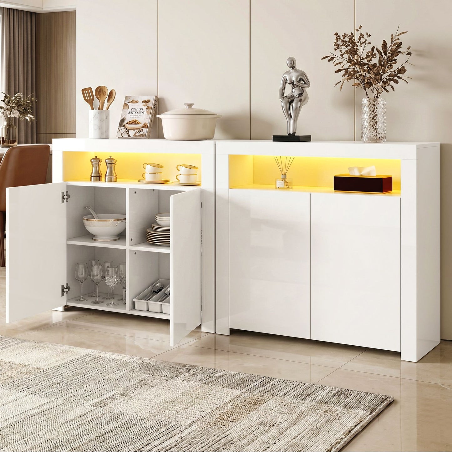Set of 2 Soren Buffet Sideboard Cabinet LED Cupboard High-Gloss Storage Pantry - White
