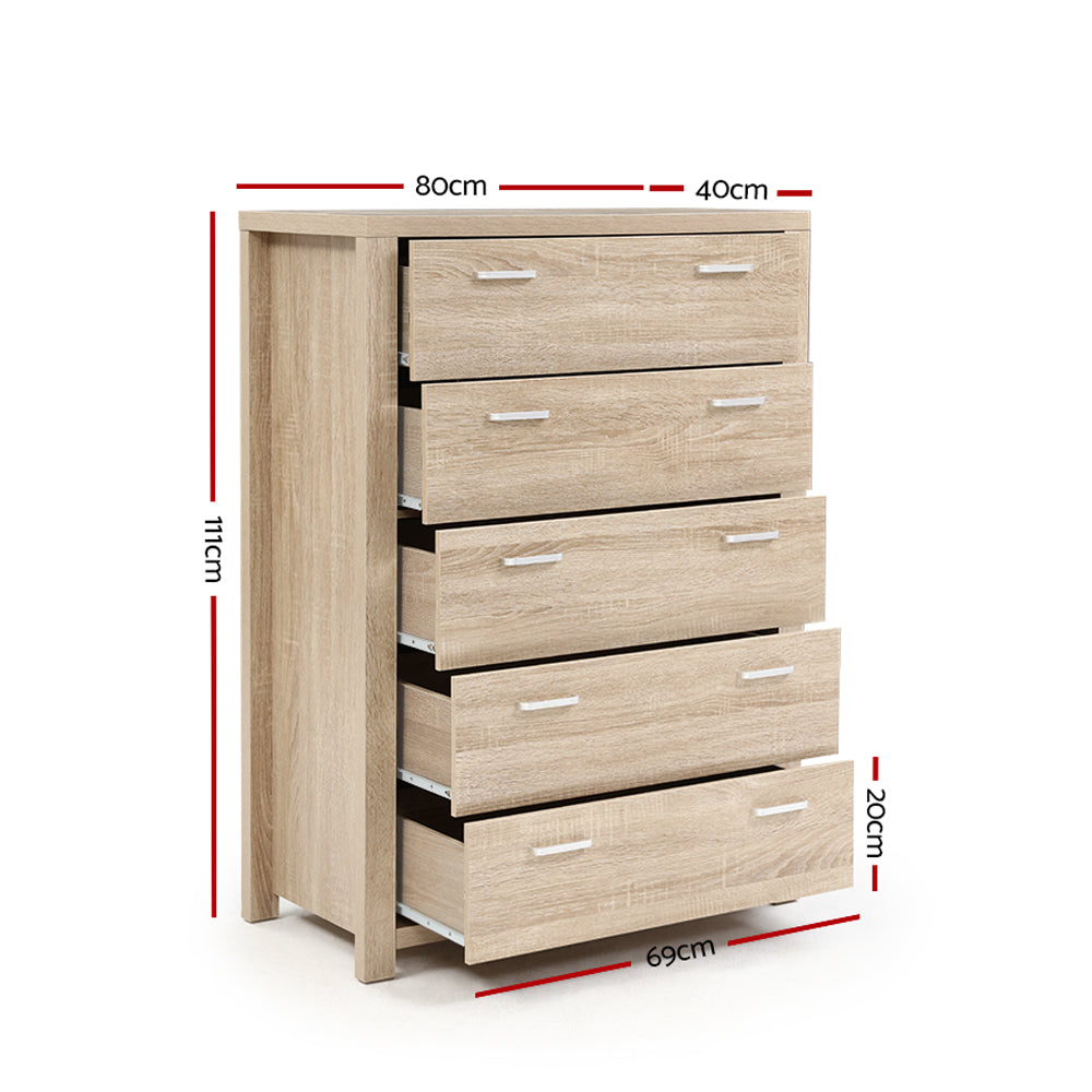 Harlech Queen Bedroom Suite 5 Piece 1x Queen Mattress, 1x Queen Fabric Bed Frame, 2x Wooden Bedside Tables and 1x Tallboy