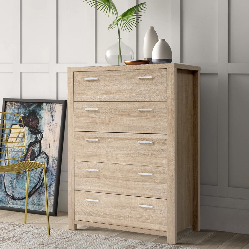 Harlech Queen Bedroom Suite 5 Piece 1x Queen Mattress, 1x Queen Fabric Bed Frame, 2x Wooden Bedside Tables and 1x Tallboy