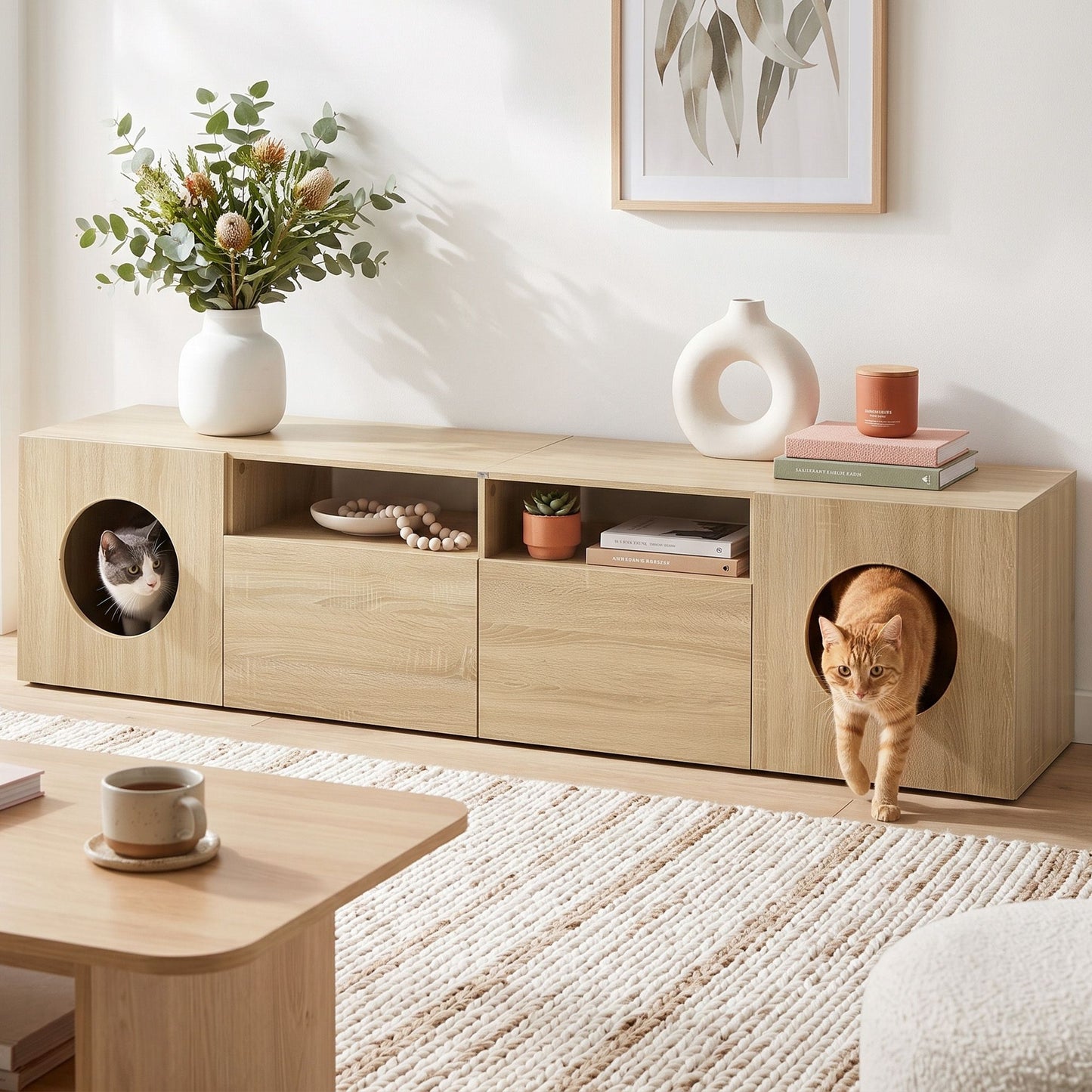 Monique 185CM TV Unit with Cat House Storage Cabinet - Pine