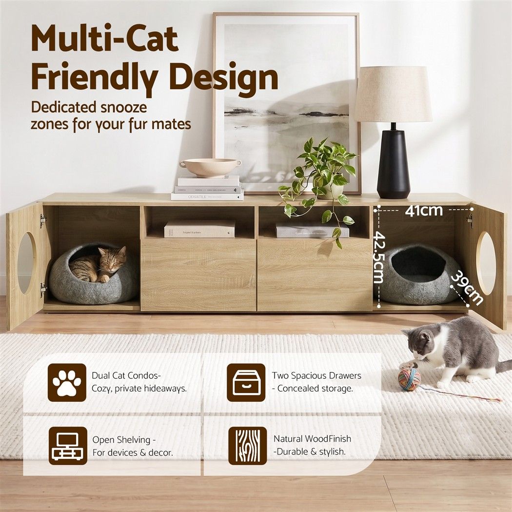 Monique 185CM TV Unit with Cat House Storage Cabinet - Pine