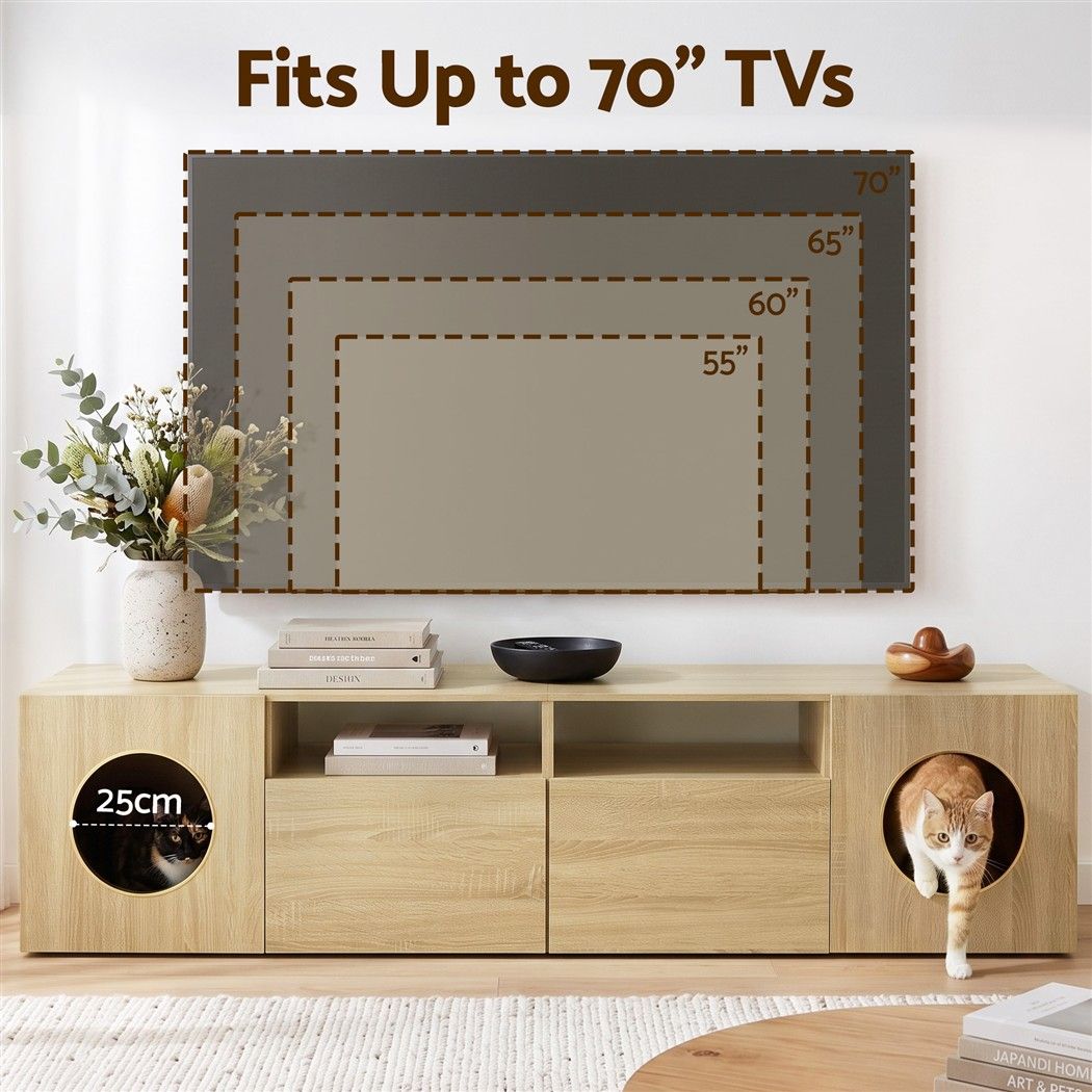 Monique 185CM TV Unit with Cat House Storage Cabinet - Pine