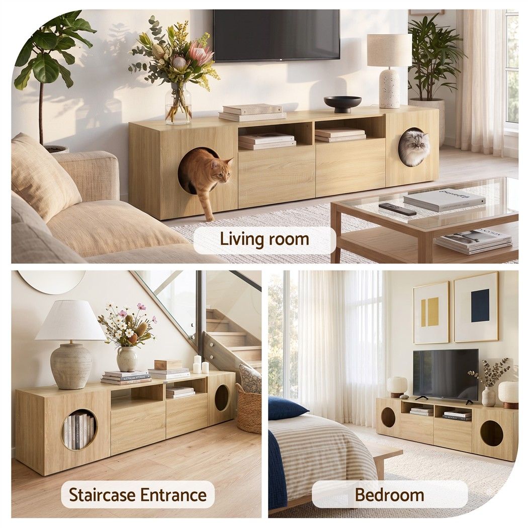 Monique 185CM TV Unit with Cat House Storage Cabinet - Pine