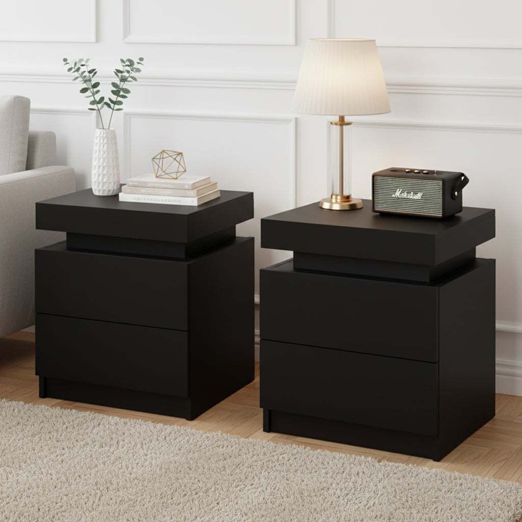 Set of 2 Laval Bedside Tables Lift-up Storage with 2 Drawers - Black