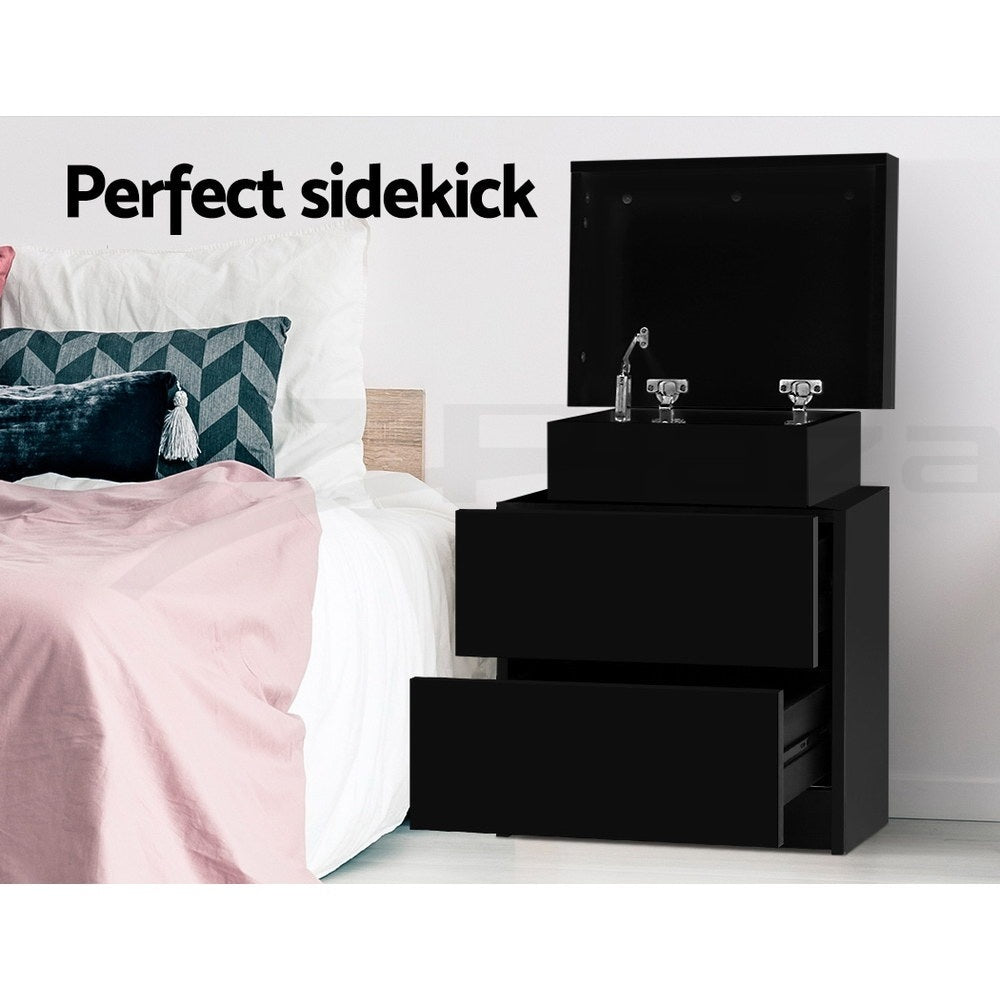 Set of 2 Laval Bedside Tables Lift-up Storage with 2 Drawers - Black