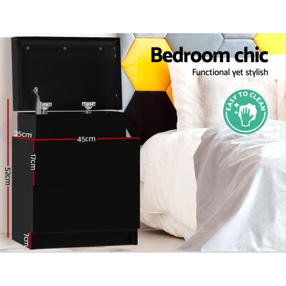 Set of 2 Laval Bedside Tables Lift-up Storage with 2 Drawers - Black