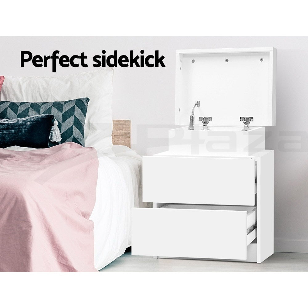 Set of 2 Laval Bedside Tables Lift-up Storage with 2 Drawers - White