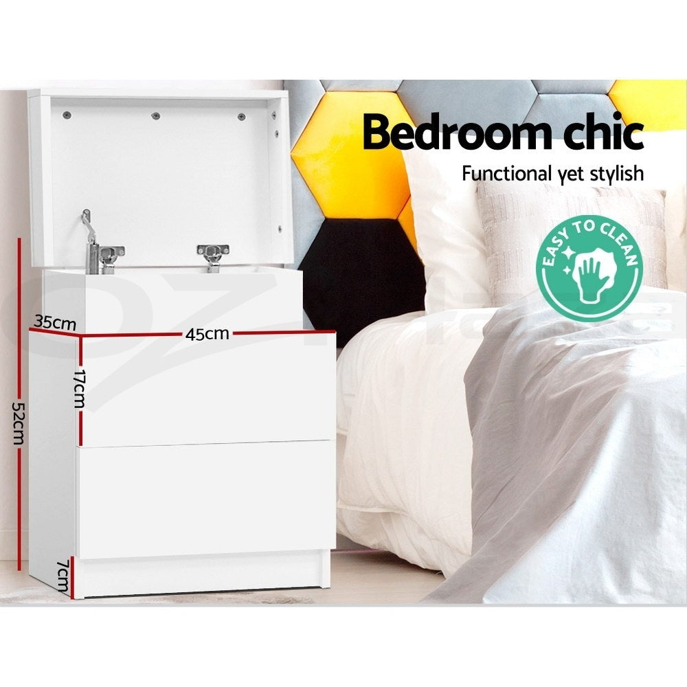 Set of 2 Laval Bedside Tables Lift-up Storage with 2 Drawers - White