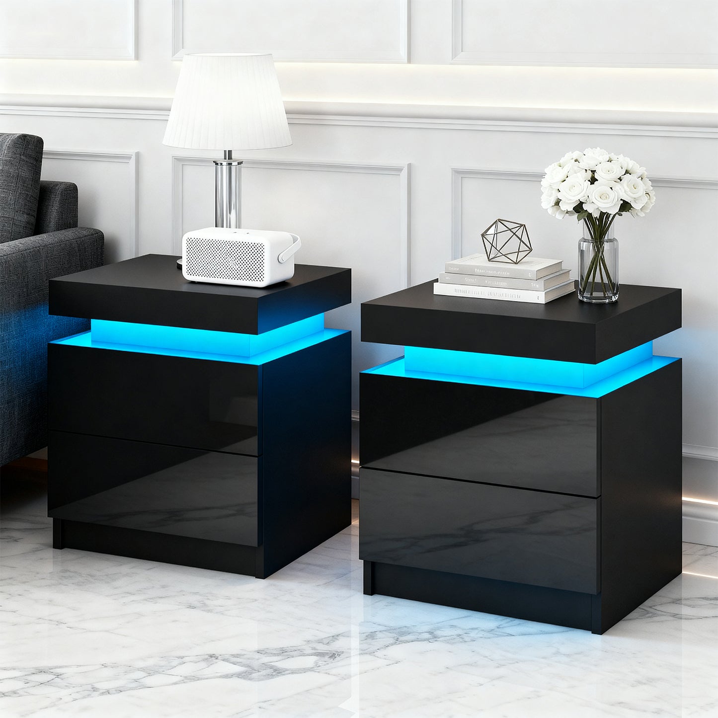 Set of 2 Levis Bedside Tables LED Lift-up Storage with 2 Drawers - Black