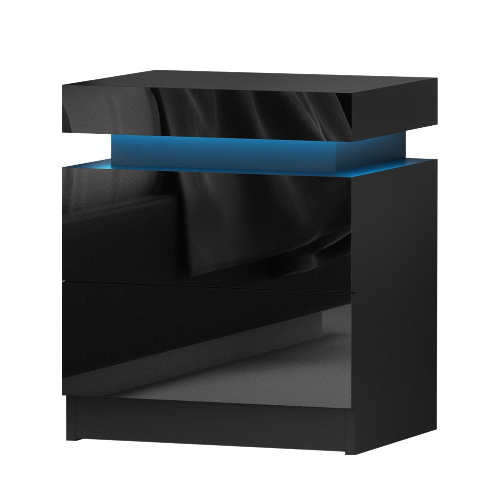 Set of 2 Levis Bedside Tables LED Lift-up Storage with 2 Drawers - Black