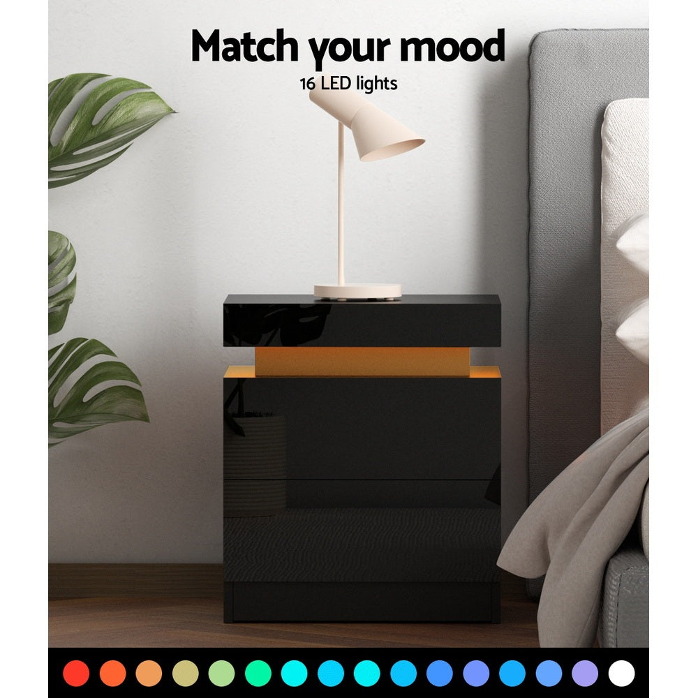 Set of 2 Levis Bedside Tables LED Lift-up Storage with 2 Drawers - Black