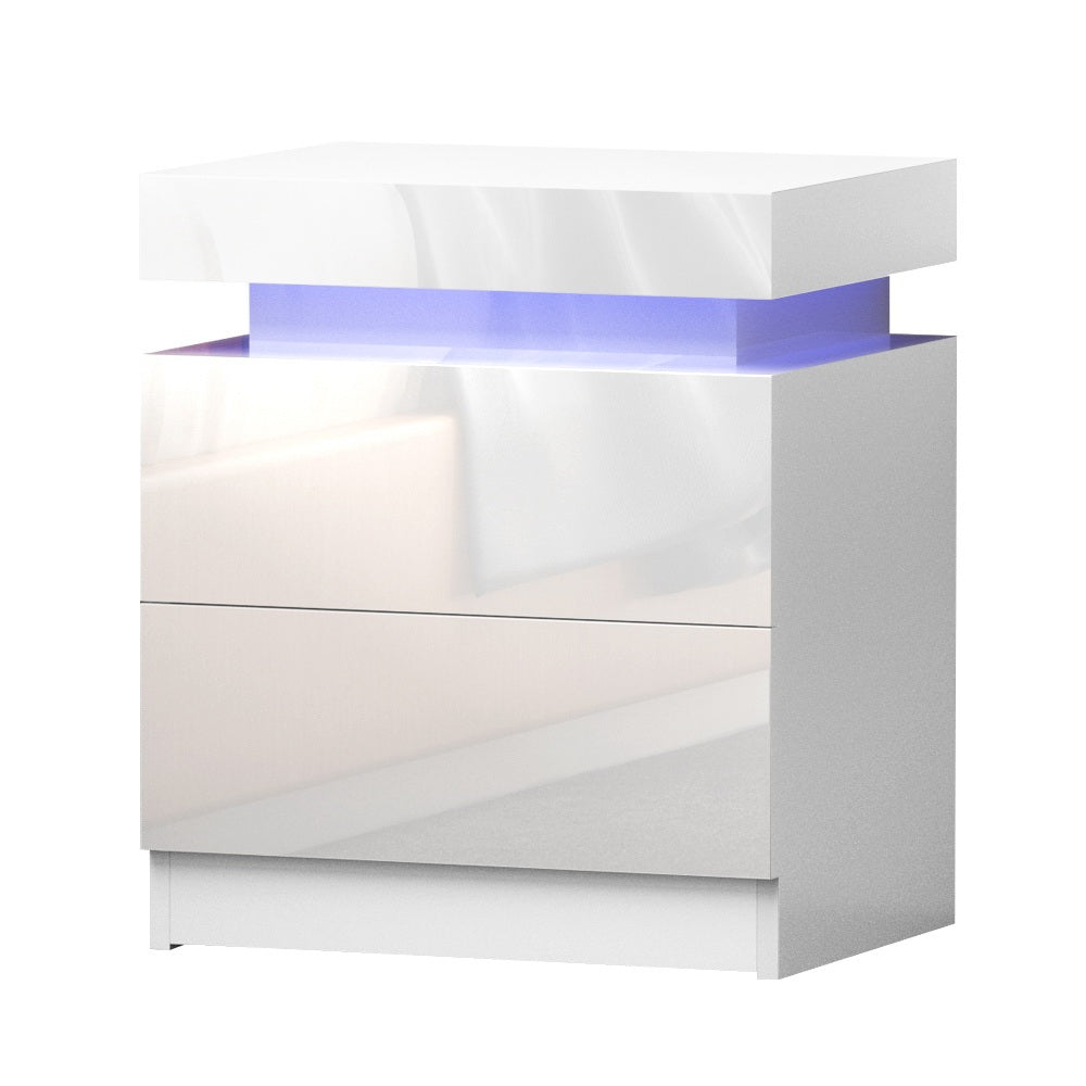 Set of 2 Levis Bedside Tables LED Lift-up Storage with 2 Drawers - White