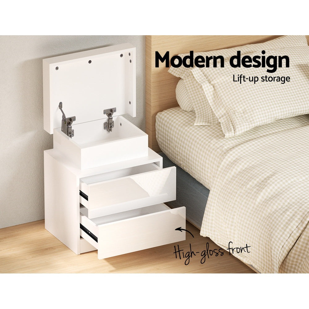 Set of 2 Levis Bedside Tables LED Lift-up Storage with 2 Drawers - White
