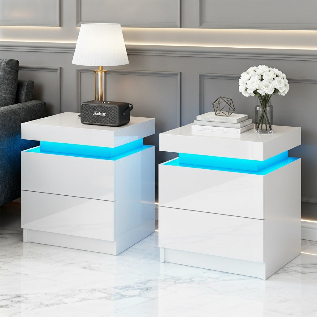 Set of 2 Levis Bedside Tables LED Lift-up Storage with 2 Drawers - White