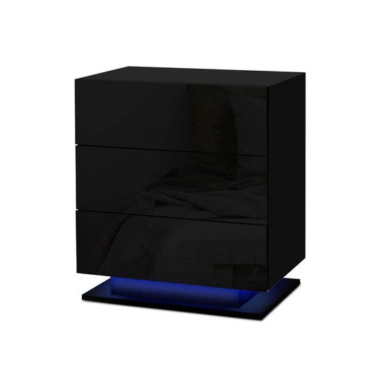 Lachine LED High Gloss Bedside Tables Side Table RGB LED Lamp Nightstand Gloss with 3 Drawers - Black