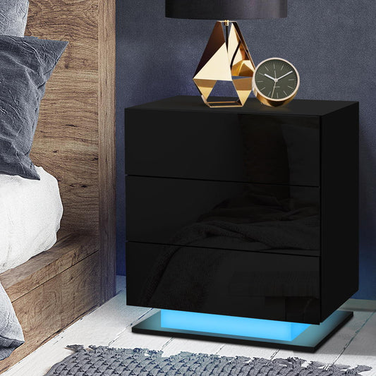 Lachine LED High Gloss Bedside Tables Side Table RGB LED Lamp Nightstand Gloss with 3 Drawers - Black
