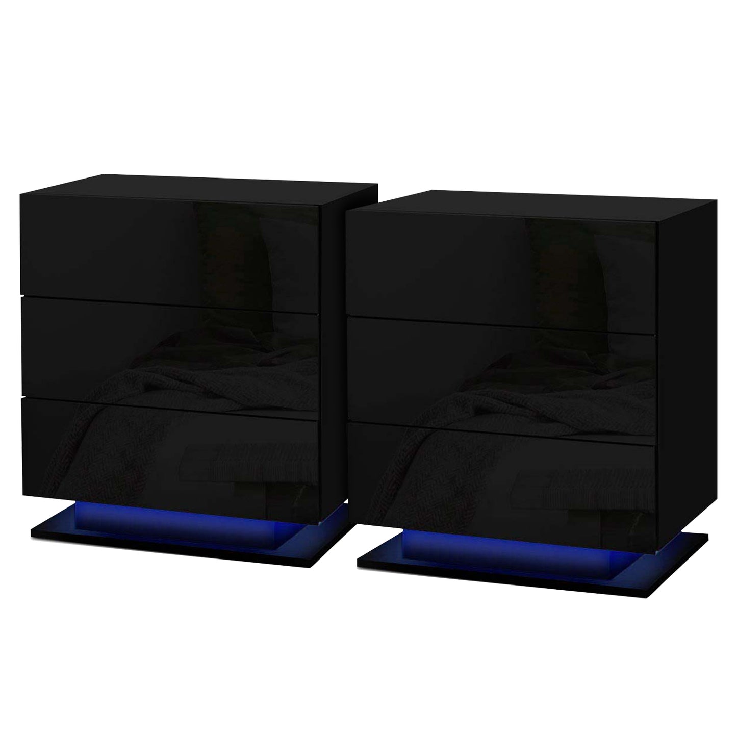 Set of 2 Lachine Bedside Tables LED with 3 Drawers - Black