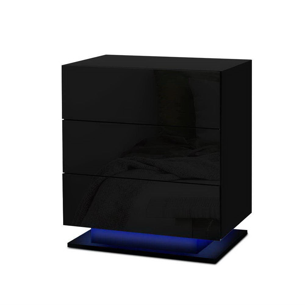 Set of 2 Lachine Bedside Tables LED with 3 Drawers - Black