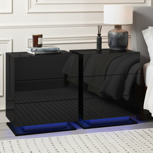 Set of 2 Lachine Bedside Tables LED with 3 Drawers - Black