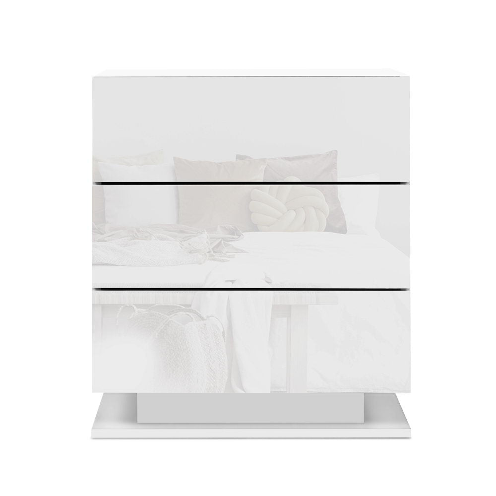 Lachine LED High Gloss Bedside Tables Side Table RGB LED Lamp Nightstand Gloss with 3 Drawers - White
