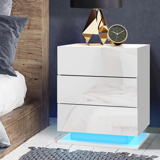 Lachine LED High Gloss Bedside Tables Side Table RGB LED Lamp Nightstand Gloss with 3 Drawers - White