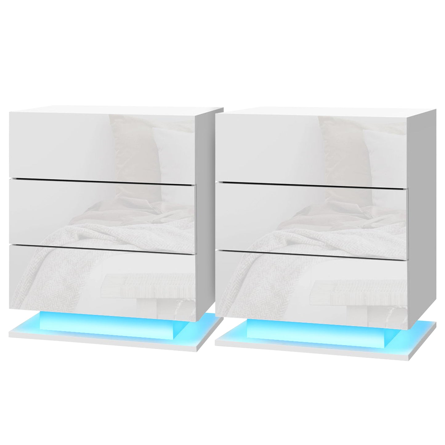 Set of 2 Lachine Bedside Tables LED with 3 Drawers - White