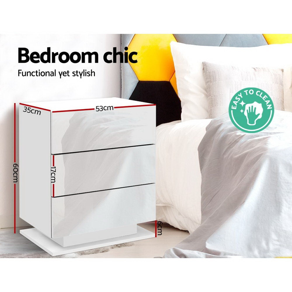 Set of 2 Lachine Bedside Tables LED with 3 Drawers - White