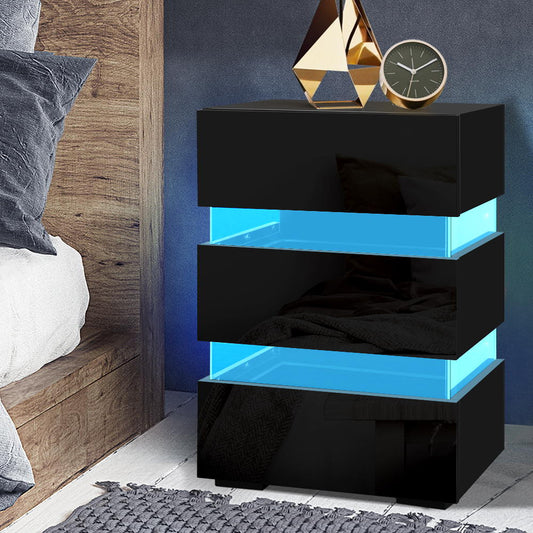 Perce LED High Gloss Bedside Tables Side Unit RGB LED Lamp Nightstand Gloss Furniture with 3 Drawers - Black