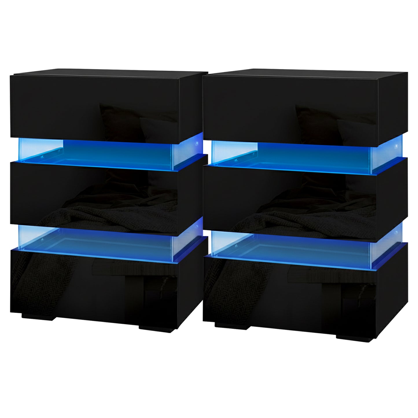 Set of 2 Perce Bedside Tables LED with 3 Drawers - Black