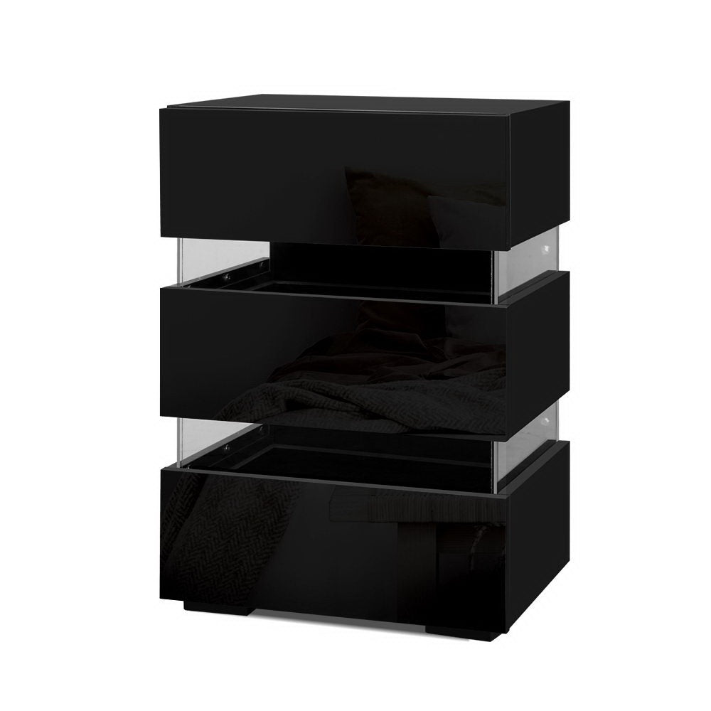 Set of 2 Perce Bedside Tables LED with 3 Drawers - Black