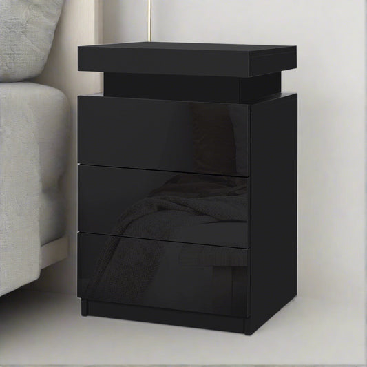 Rimouski LED High Gloss Bedside Tables Side Table RGB LED High Gloss Nightstand with 3 Drawers - Black