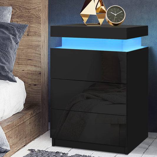 Rimouski LED High Gloss Bedside Tables Side Table RGB LED High Gloss Nightstand with 3 Drawers - Black