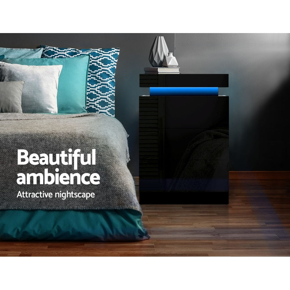 Set of 2 Rimouski Bedside Tables LED with 3 Drawers - Black
