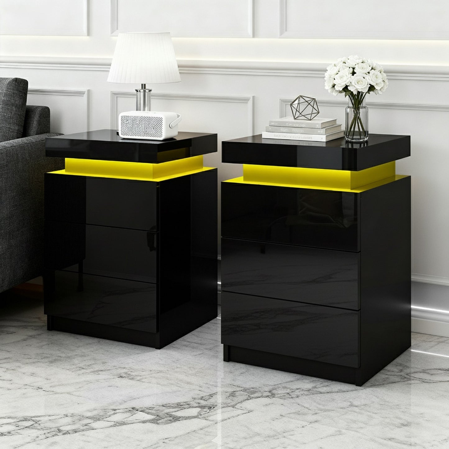 Set of 2 Rimouski Bedside Tables LED with 3 Drawers - Black