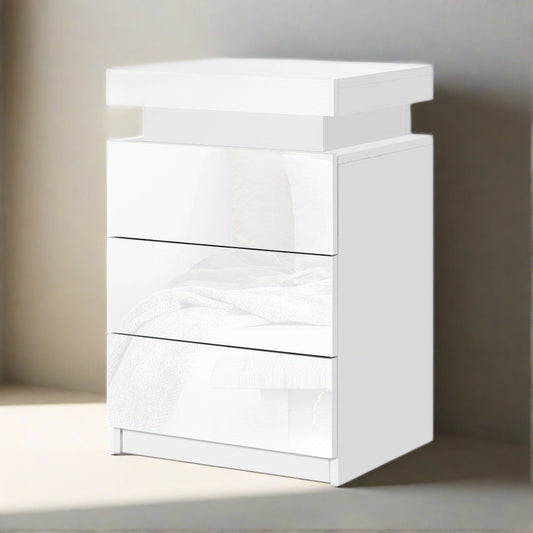 Rimouski LED High Gloss Bedside Tables Side Table RGB LED High Gloss Nightstand with 3 Drawers - White