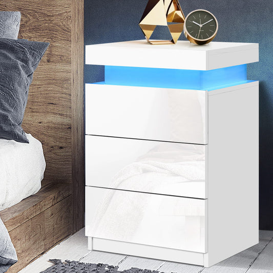 Rimouski LED High Gloss Bedside Tables Side Table RGB LED High Gloss Nightstand with 3 Drawers - White