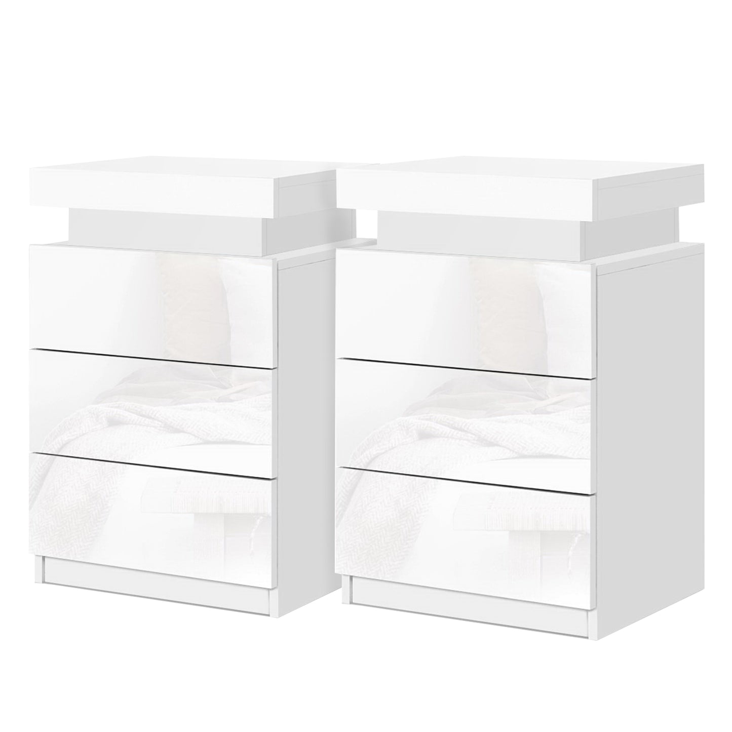 Set of 2 Rimouski Bedside Tables LED with 3 Drawers - White