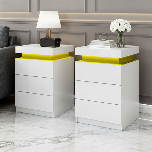 Set of 2 Rimouski Bedside Tables LED with 3 Drawers - White