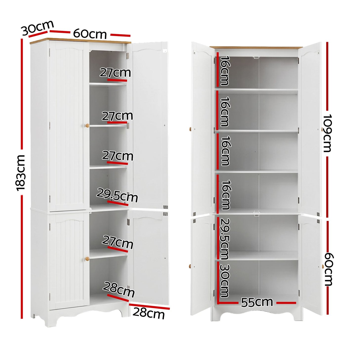 Set of 2 Lysander Buffet Sideboard Pantry Cabinet Cupboard 6-Tiers Storage Shelves - White