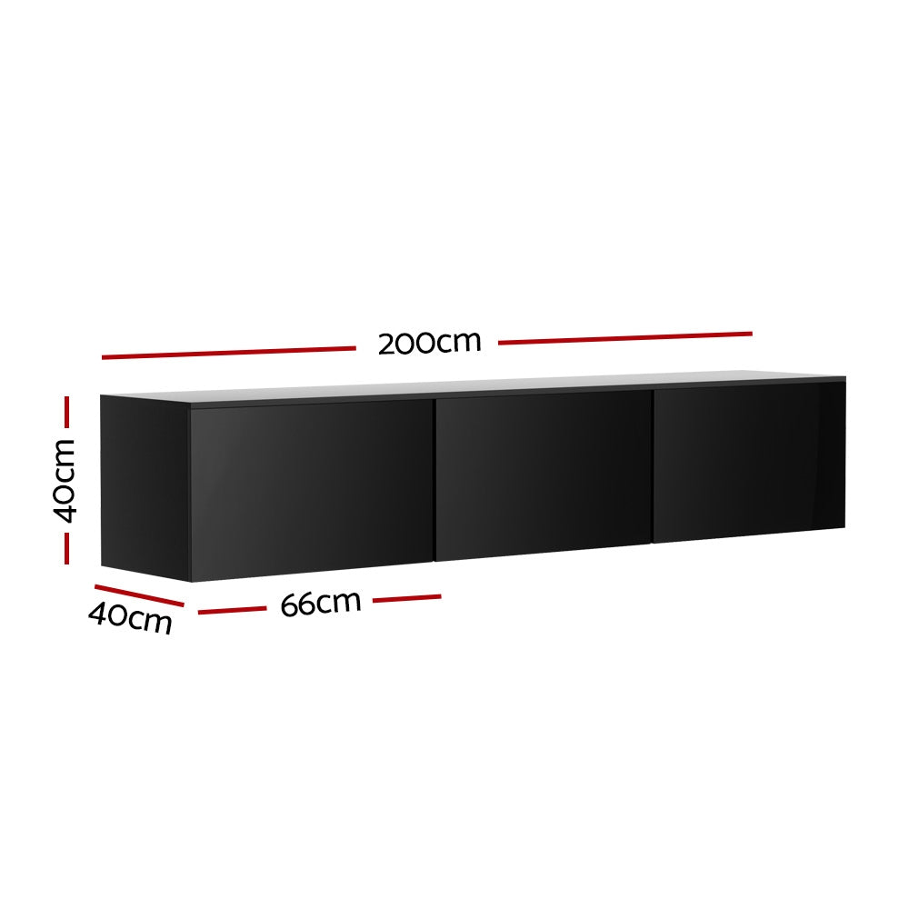 Emberlyn 200cm Floating Entertainment Unit TV Cabinet High Glossy Black 3 Cabinets - Black
