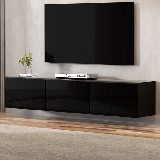 Emberlyn 200cm Floating Entertainment Unit TV Cabinet High Glossy Black 3 Cabinets - Black