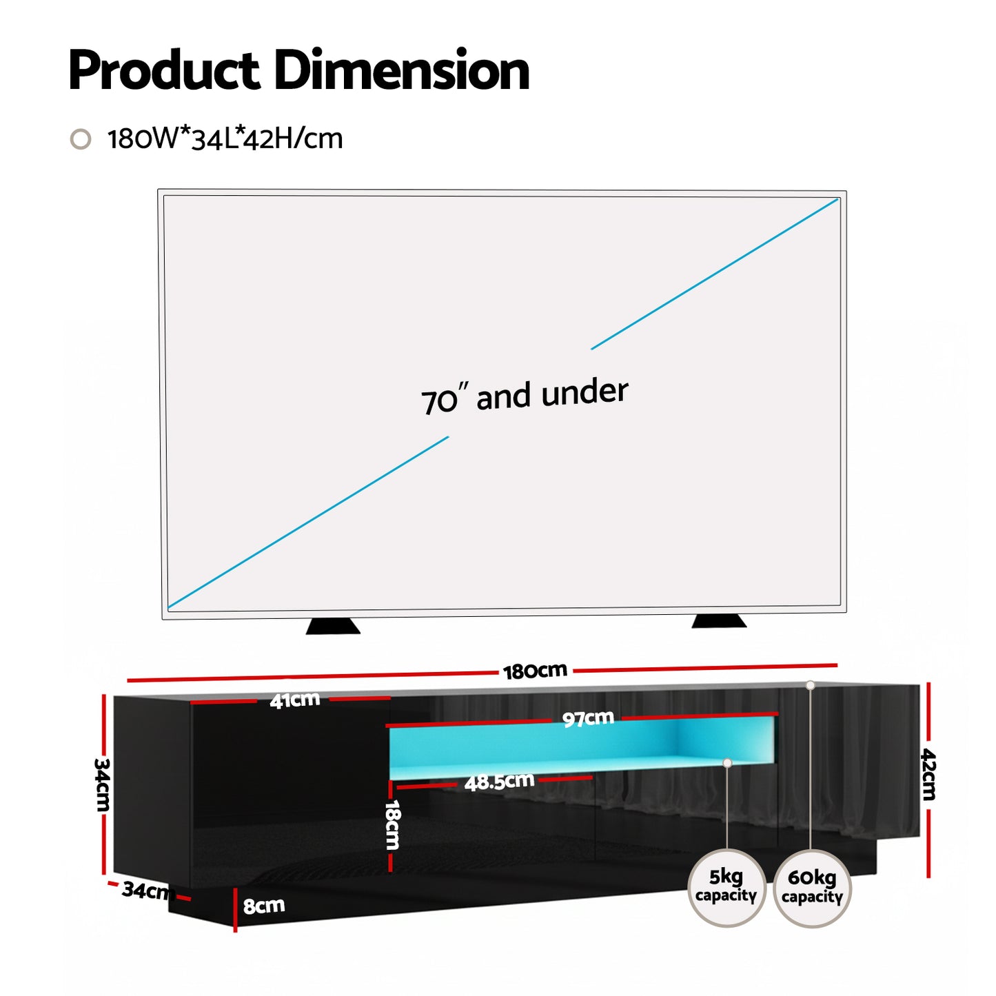 Thessaly 180cm TV Unit Entertainment Unit Storage Drawer RGB LED - Black