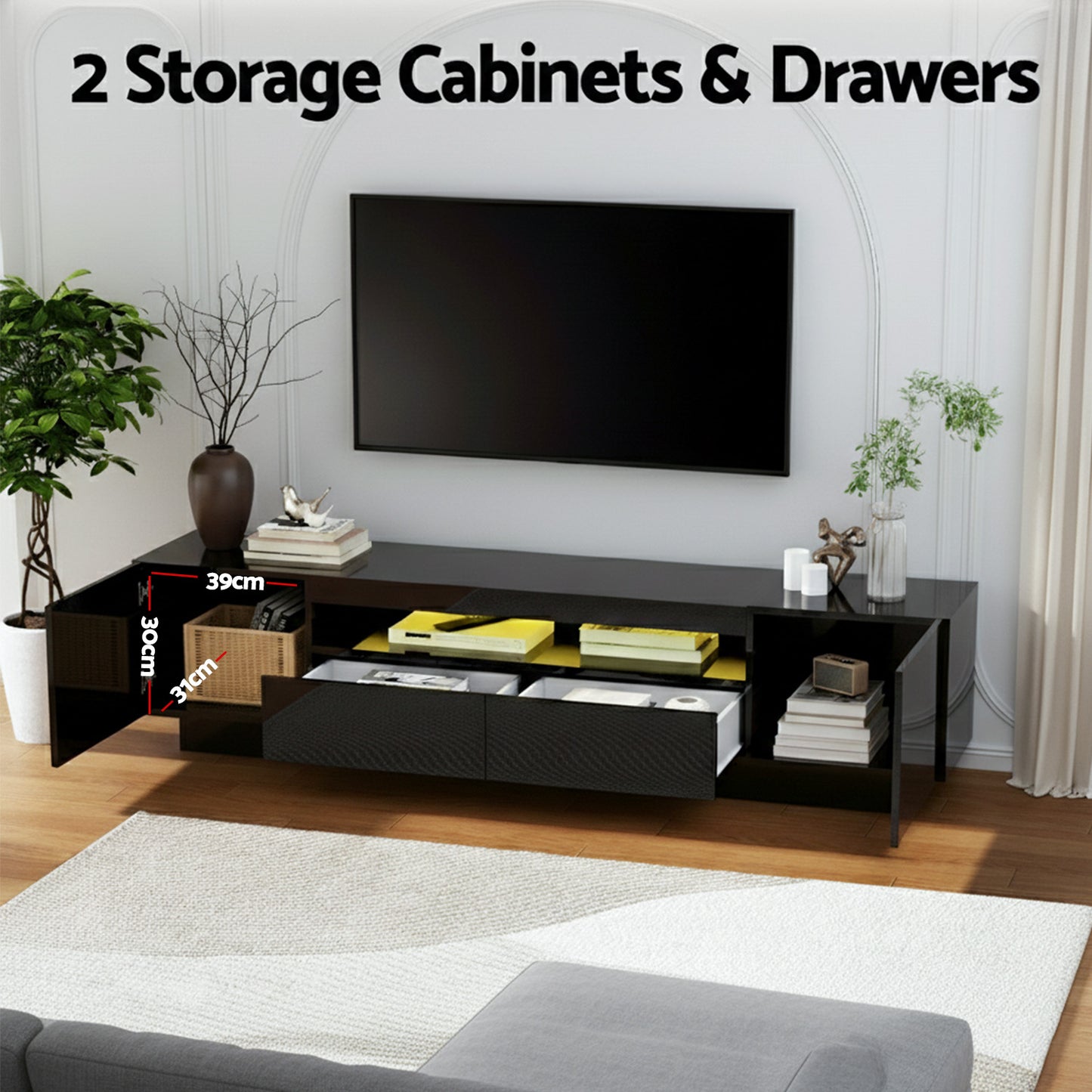 Thessaly 180cm TV Unit Entertainment Unit Storage Drawer RGB LED - Black