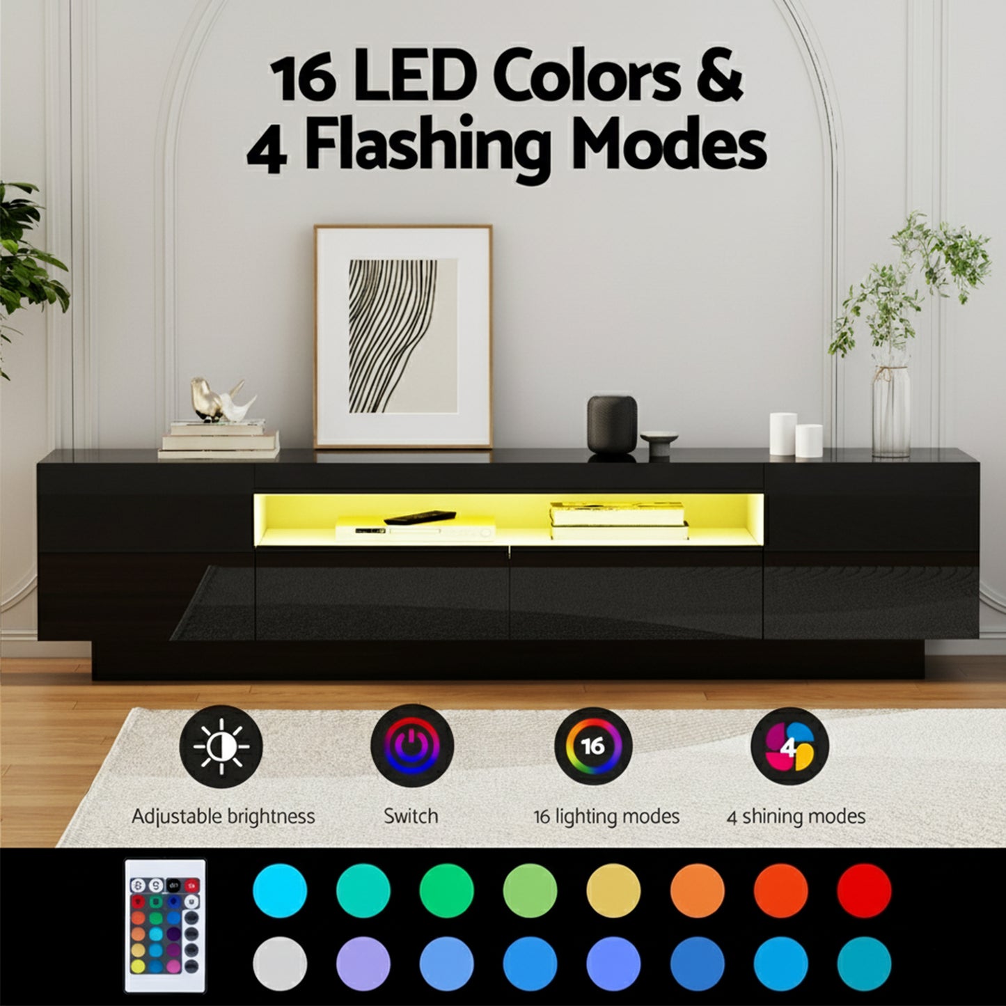 Thessaly 180cm TV Unit Entertainment Unit Storage Drawer RGB LED - Black