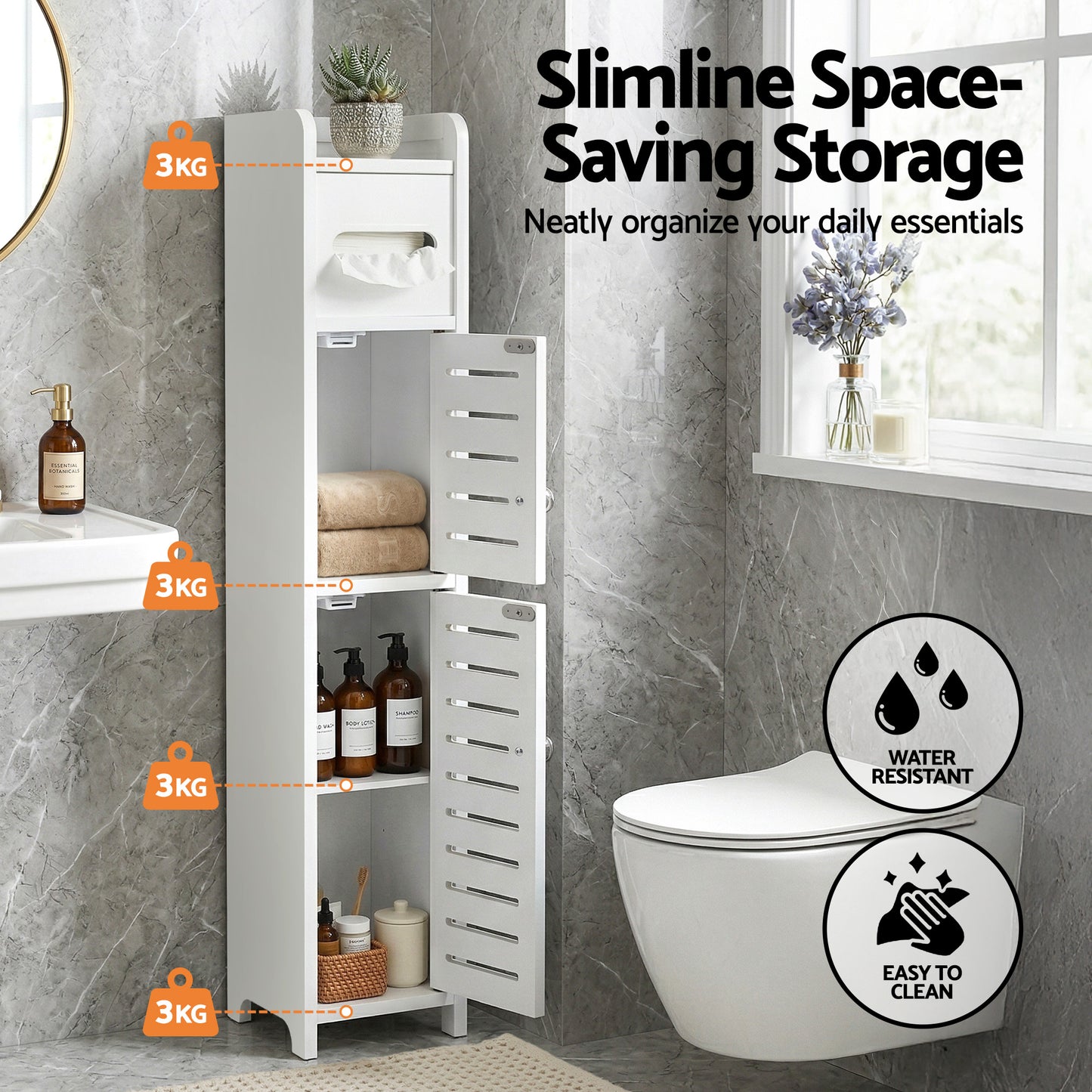 Bathroom Storage Cabinet 3-Tier Slim Toilet Paper Holder Organizer White