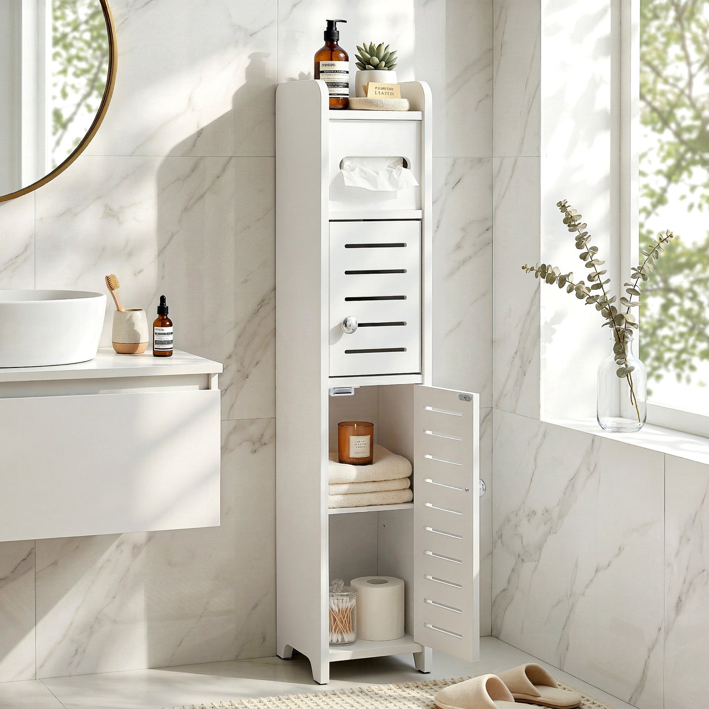 Bathroom Storage Cabinet 3-Tier Slim Toilet Paper Holder Organizer White