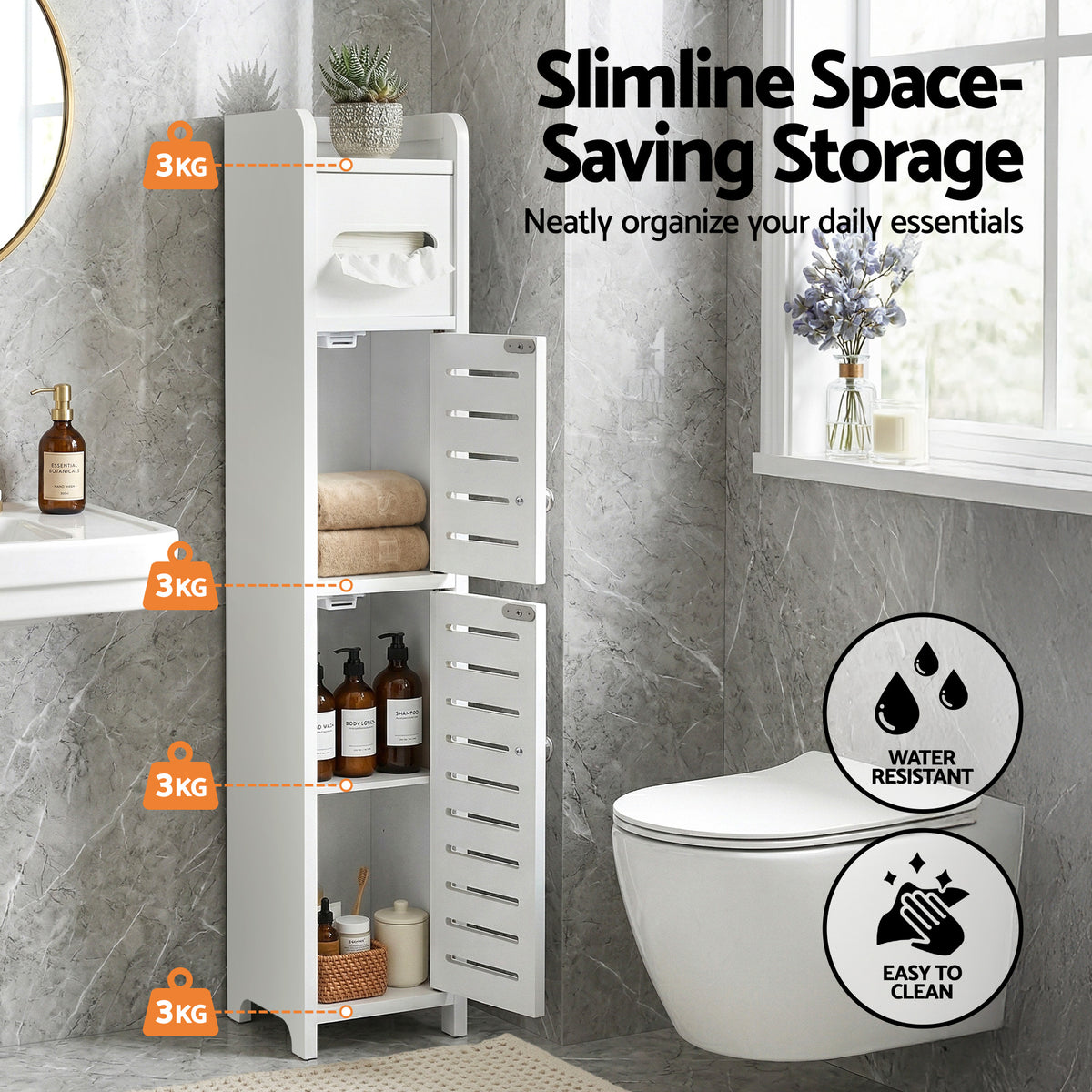 Set of 2 Bathroom Storage Cabinet 3-Tier Toilet Paper Holder Organizer White