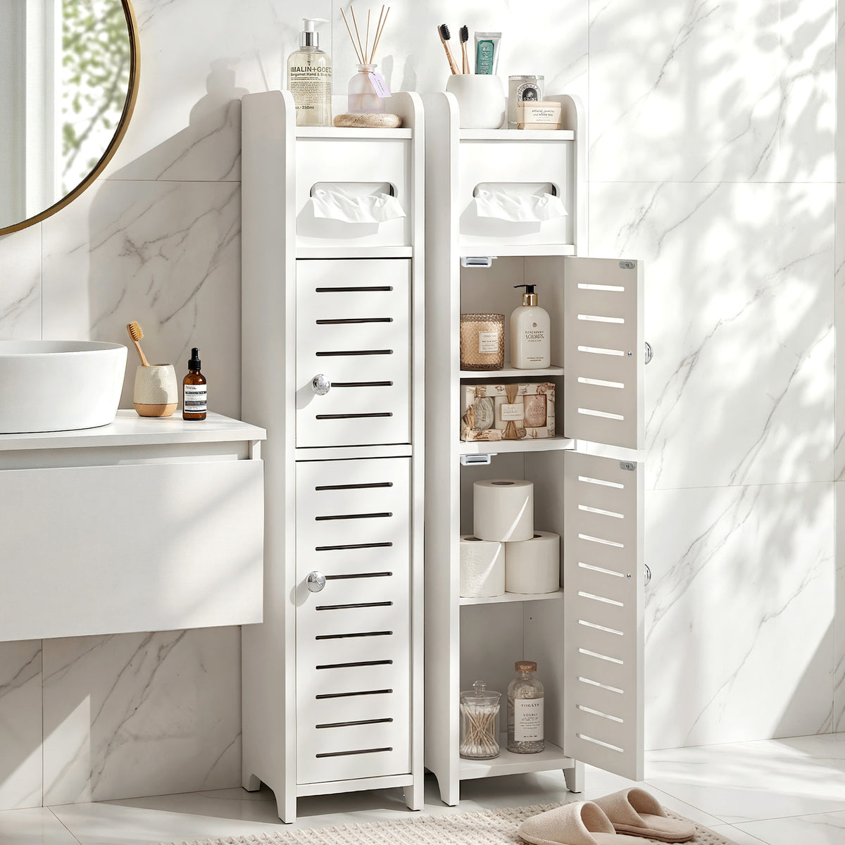 Set of 2 Bathroom Storage Cabinet 3-Tier Toilet Paper Holder Organizer White