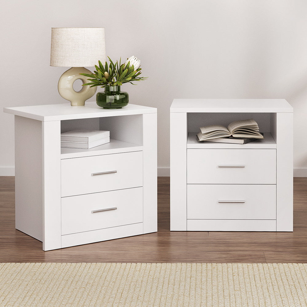 Set of 2 Eustache Bedside Tables with Shelf with 2 Drawers - White