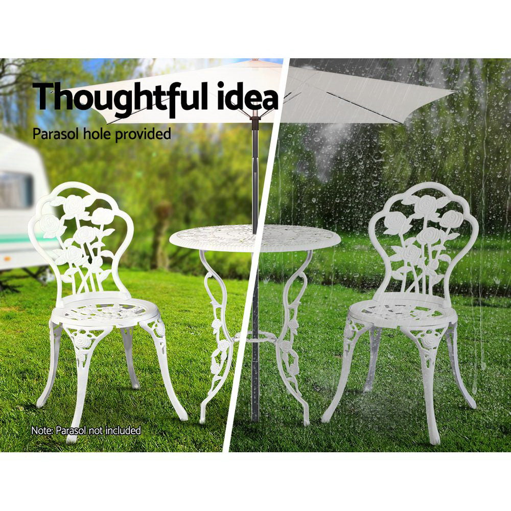 Caspian 2-Seater Chairs Table Aluminium Bistro 3-Piece Outdoor Furniture - White